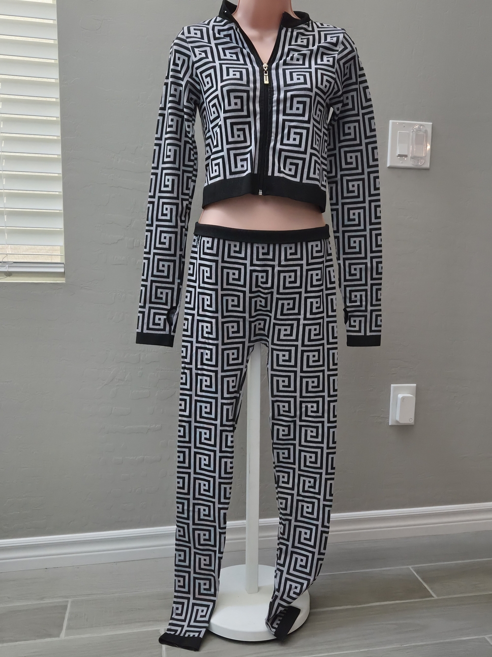 Fashion Nova Black & White Geometric Track Pants & Zip Jacket Set